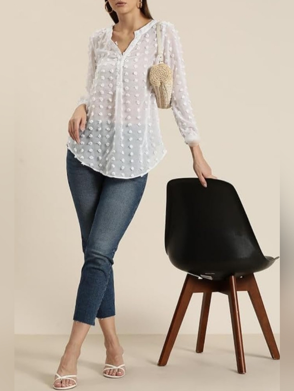 Chico's White Chiffon Swiss Dot 3/4Sleeve Blouse V-Neck 2/Large